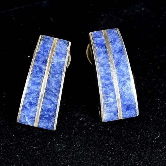 TAXCO Vintage Lapis Lazuli Earrings 925 Sterling Silver Inlay - Picture 1 of 4